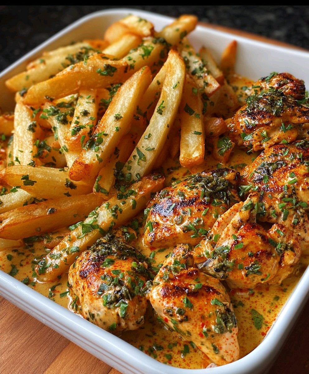 creamy cajun chicken with herb fries recipe 