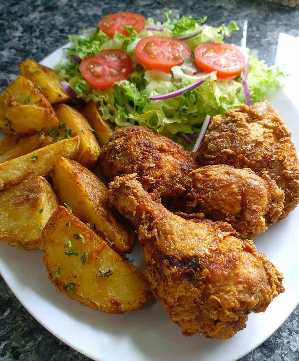 Simple Crispy Fried Chicken with Golden Potato Wedges & Fresh Salad