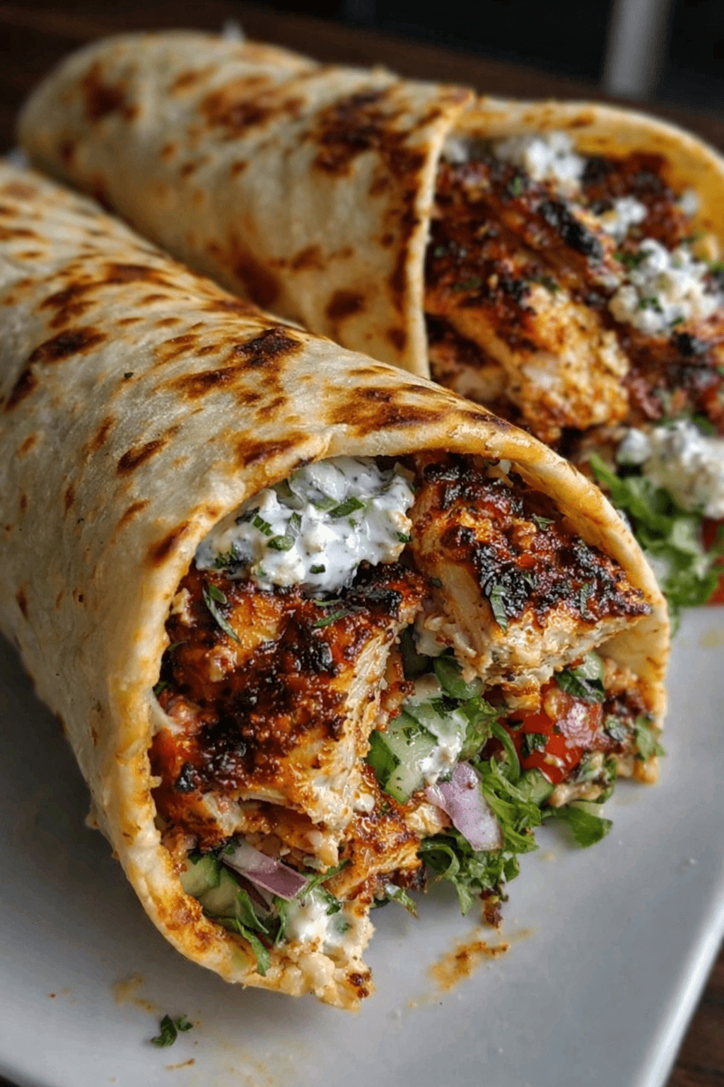 Greek Chicken Wraps with Creamy Feta Sauce (Easy Mediterranean Dinner)