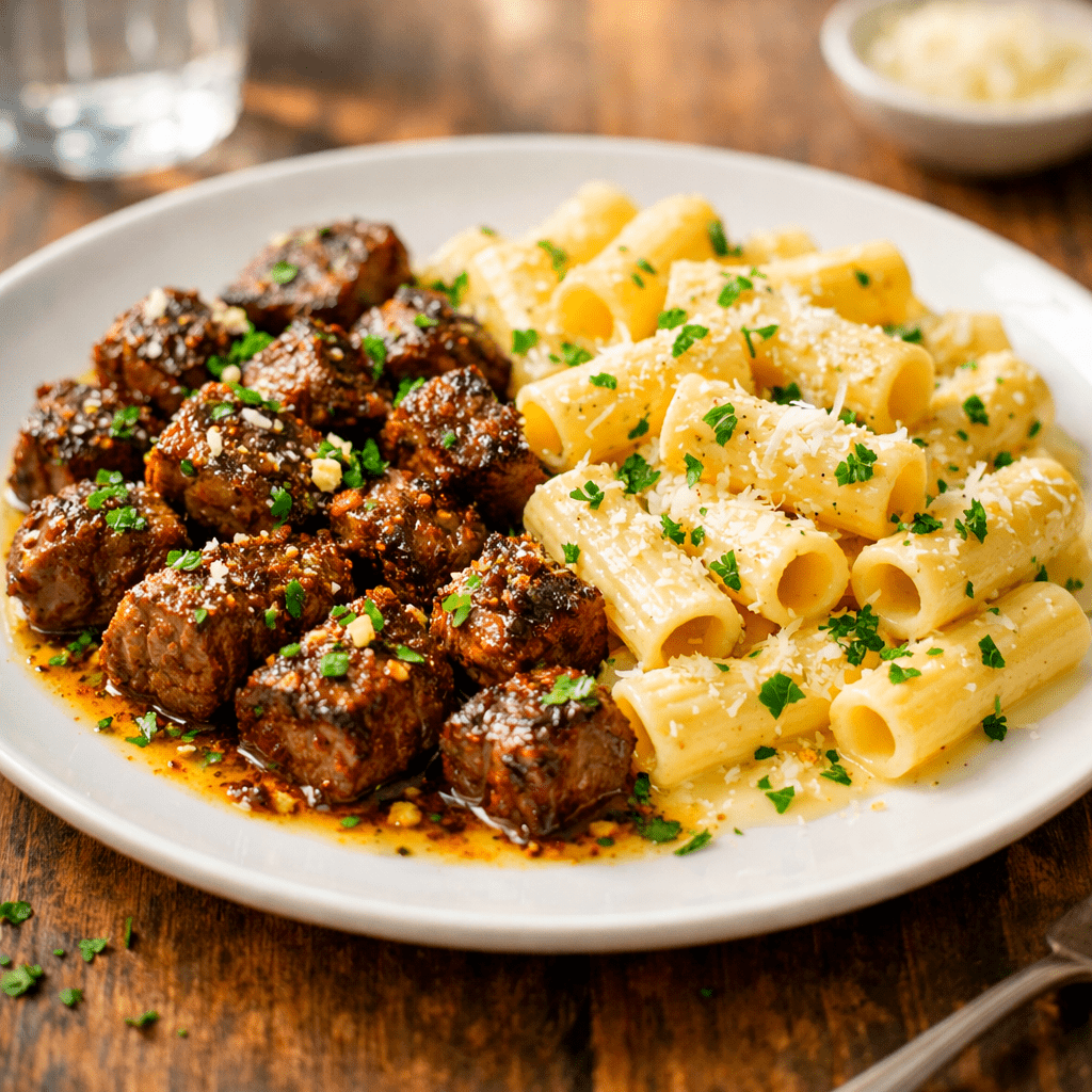 Garlic Butter Steak Bites and Alfredo Pasta recipe 