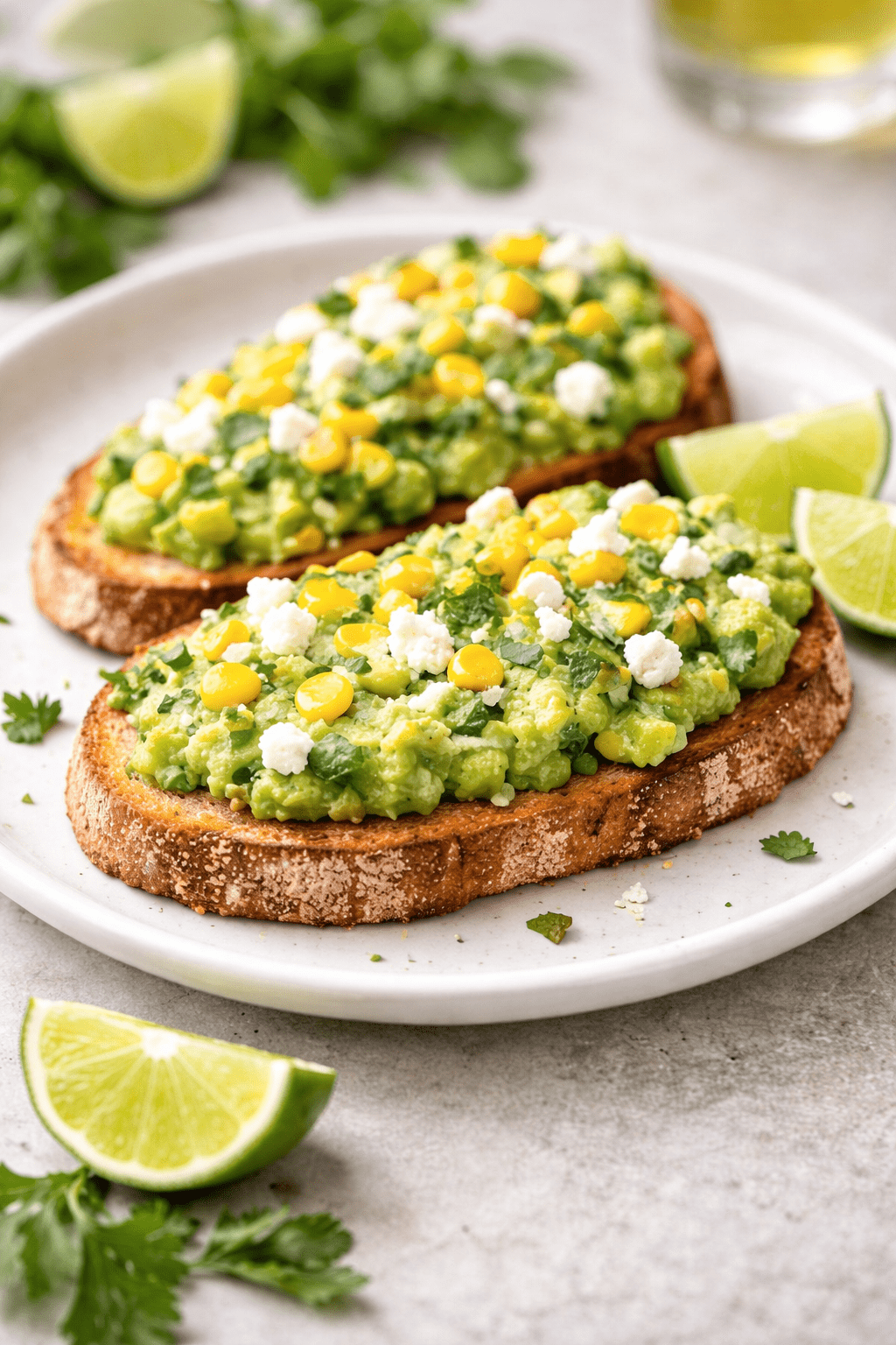 Mexican avocado toast with corn, cotija, and lime