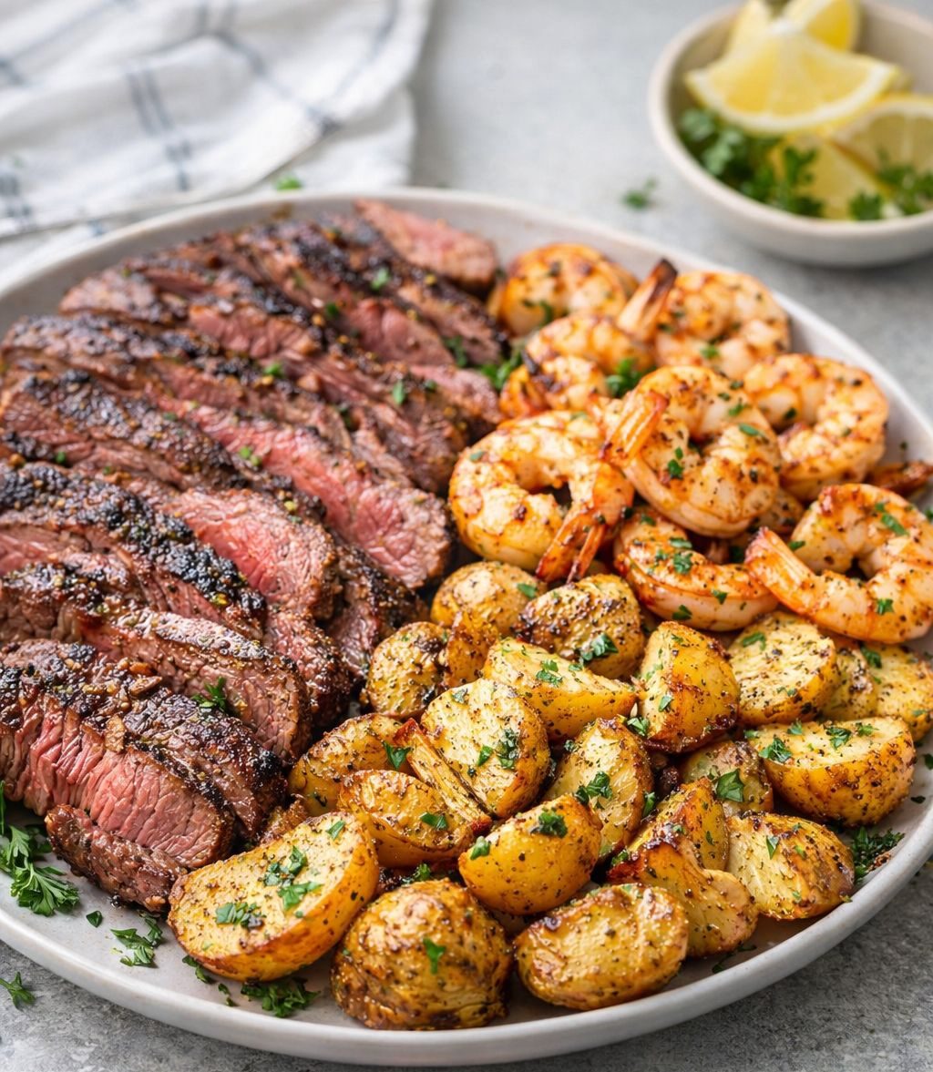 How to prepare Grilled Shrimp and Steak with Roasted Potatoes