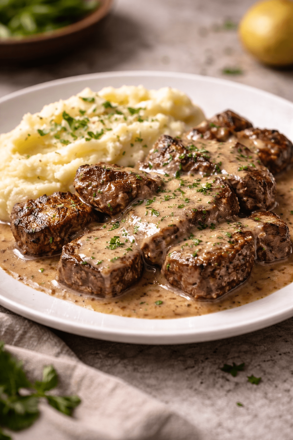 Juicy Steak Bites with Creamy Sauce and Mashed Potatoes recipe 