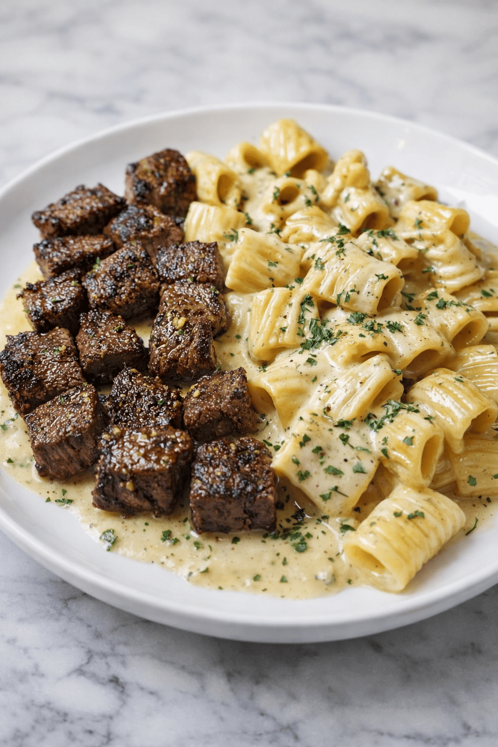 steak bites with Alfredo pasta recipe 