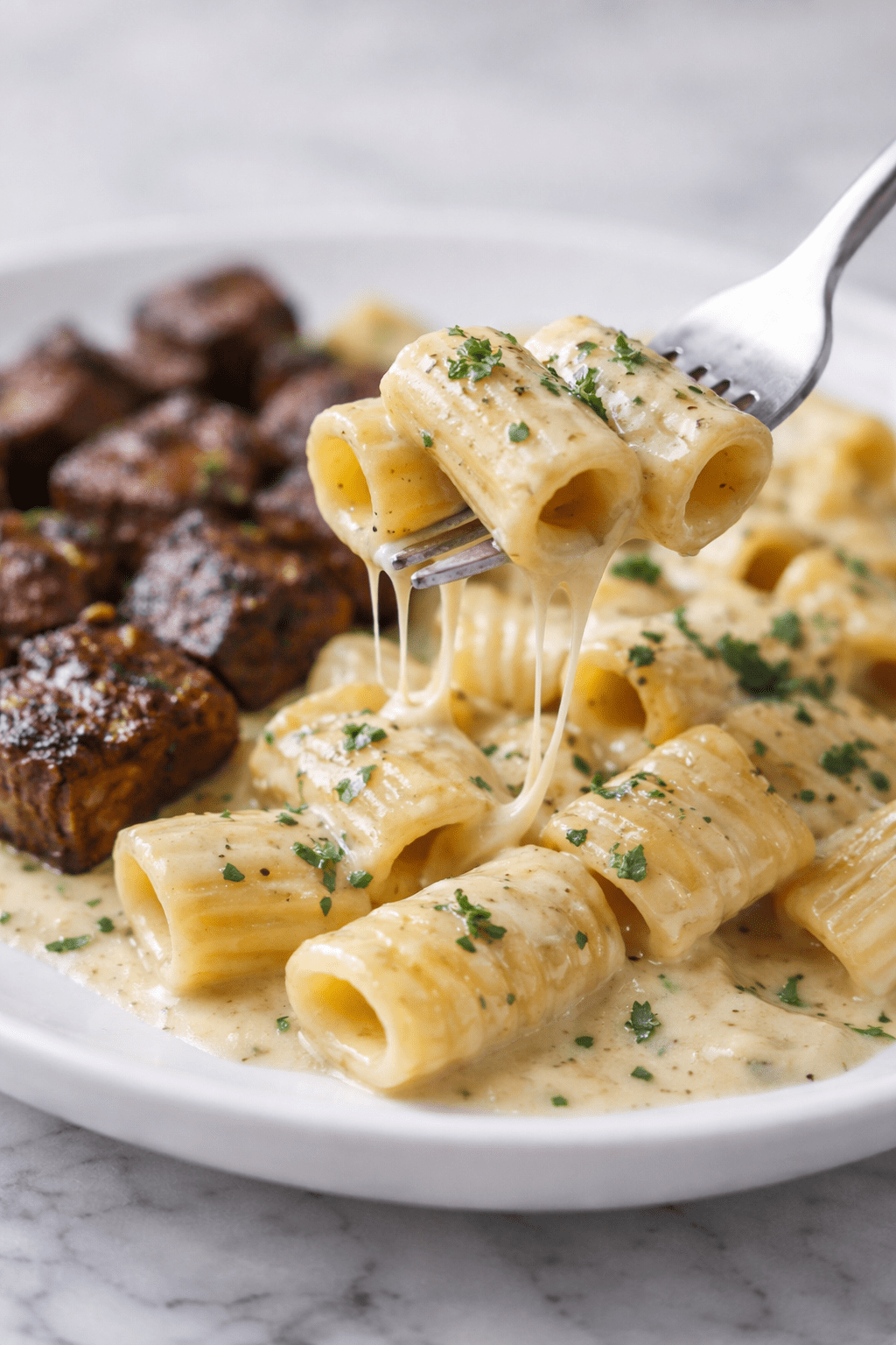 How to prepare steak bites with Alfredo pasta