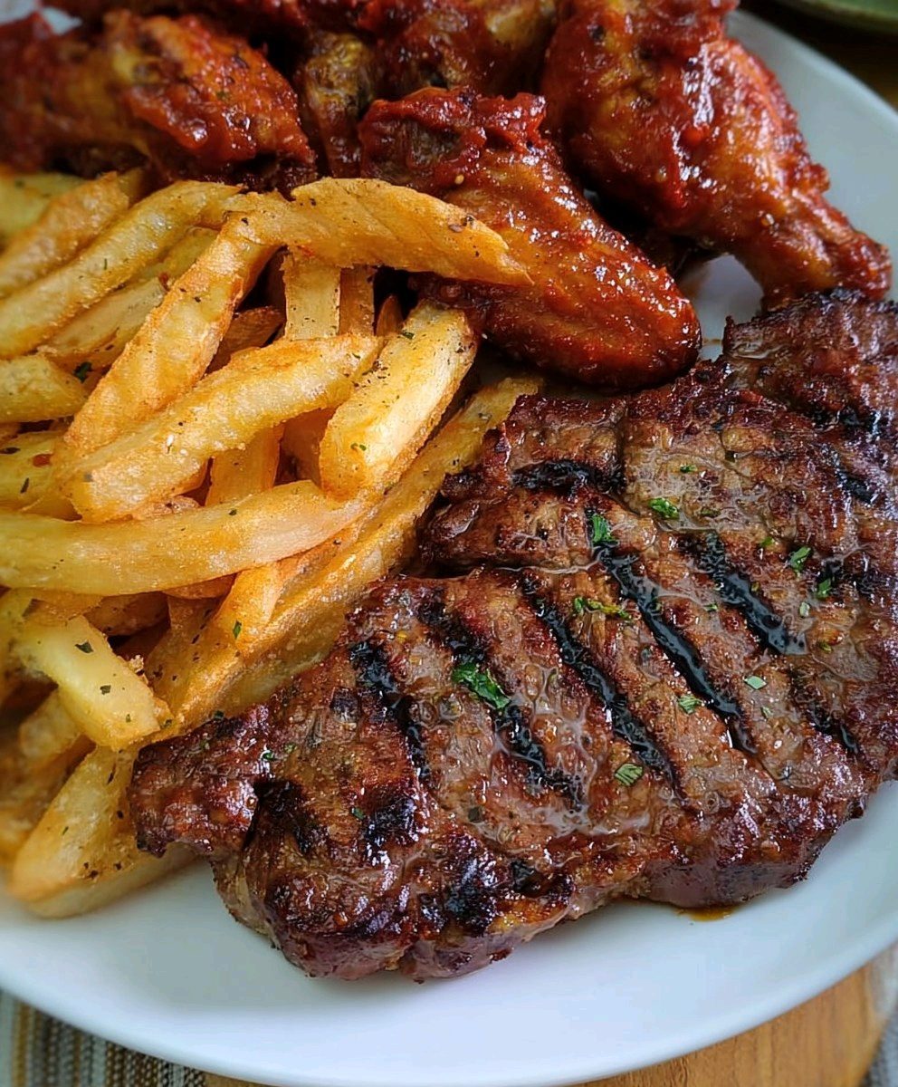 Grilled Steak with Crispy Fries and BBQ Chicken Wings recipe 