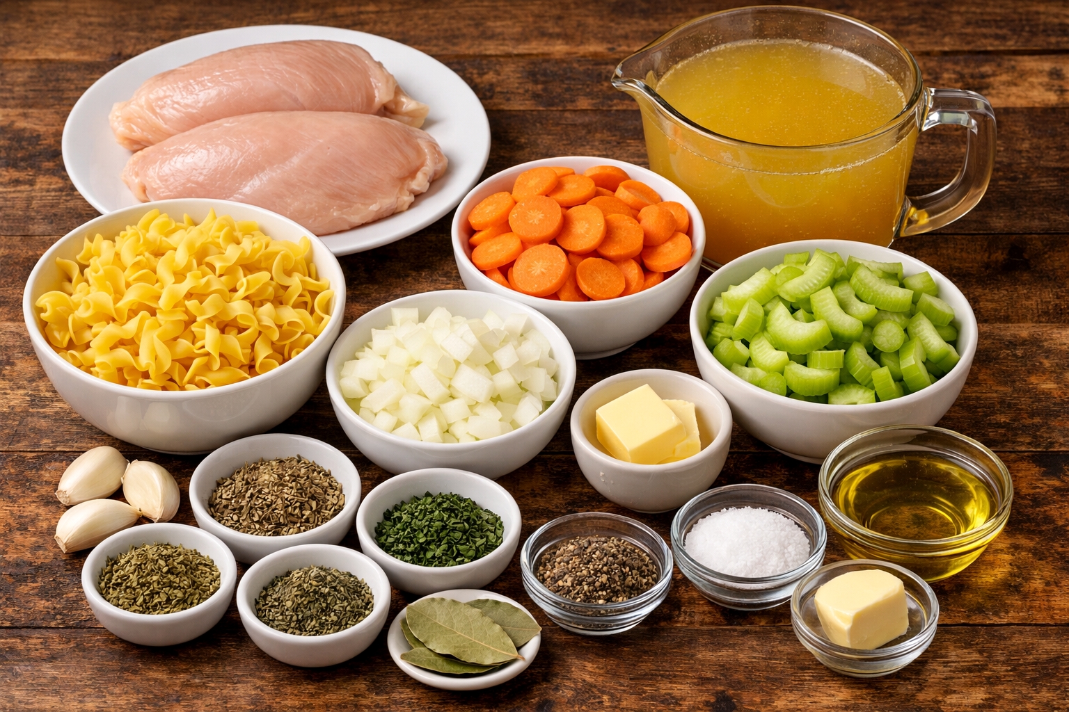 Ingredients for Chicken noodle soup recipe with carrots and celery