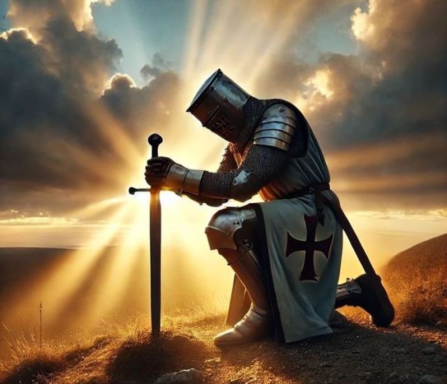 A warrior kneeling in prayer with fiery spiritual armor, representing Christian spiritual warfare
