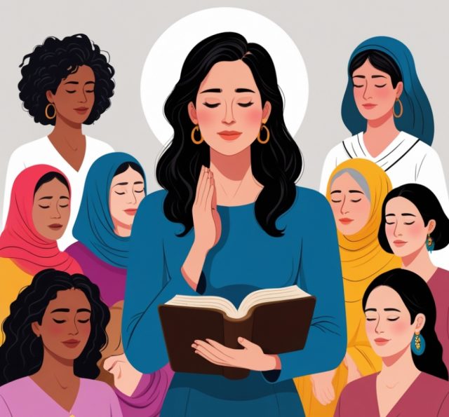 Strong woman leader praying with open Bible, surrounded by diverse women in leadership roles – representing Deborah, Esther, and Proverbs 31 biblical examples of female authority