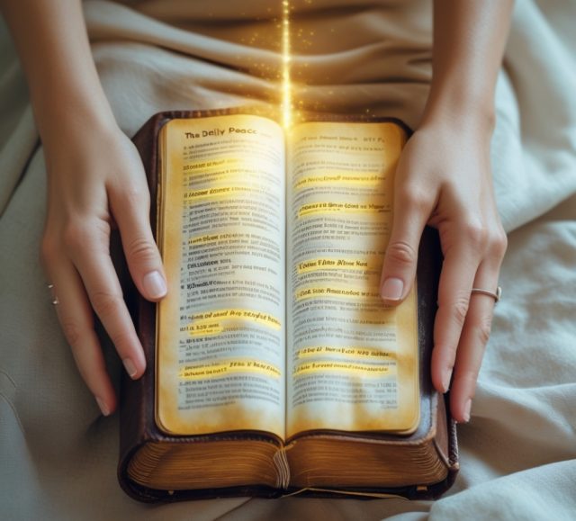 Close-up of hands holding Bible with verses for daily peace