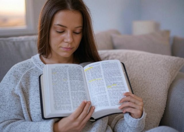 Hopeful single woman reading Bible verses about trusting God’s timing in relationships