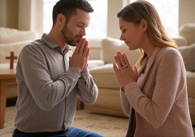 A Christian couple praying together, symbolizing godly relationship guidance from the Bible