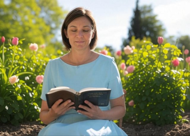 A peaceful woman reading her Bible with sunlight streaming in, surrounded by flowers—a reminder of God’s love for single women