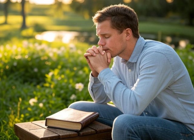 Christian single praying for healing and forgiveness after a past relationship, surrounded by a peaceful setting with a Bible