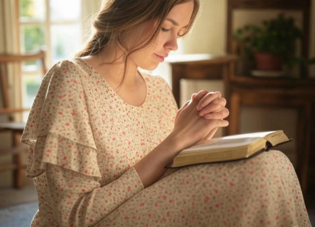 A peaceful woman praying with her Bible in the morning sunlight, embracing daily habits to grow closer to God as a Christian woman