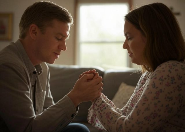A Christian couple holding hands and praying together, resolving marriage conflict with biblical guidance