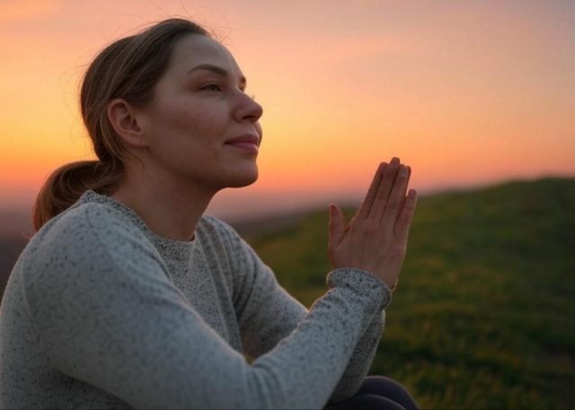 A single person praying peacefully at sunset, representing waiting on God's timing for relationships