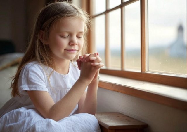 Young girl praying by window with sunlight, hands clasped in prayer for self-esteem and confidence in God’s love