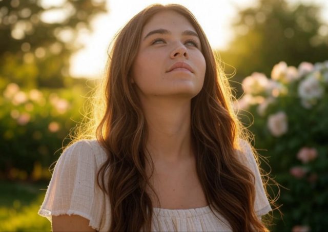 Young woman praying for healing after heartbreak, looking hopeful with sunlight in background