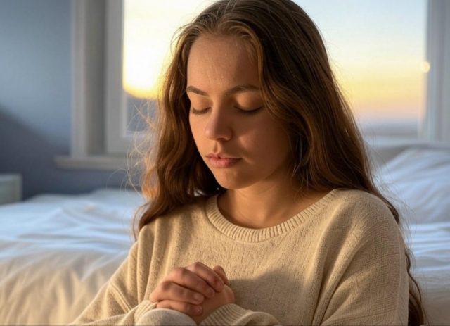 Young woman praying by window for hope and healing from depression