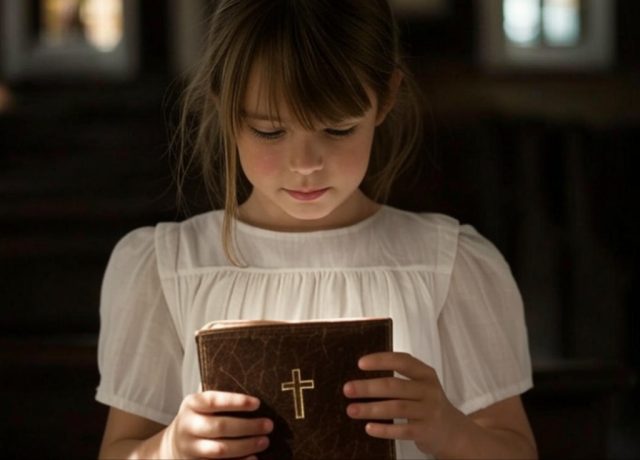 A young Christian girl praying with a Bible in her hands, surrounded by soft light, representing faith and devotion