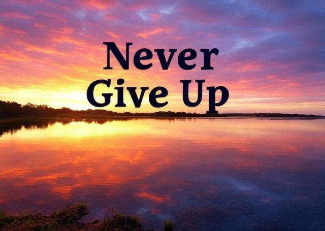 Inspirational sunrise background with overlay text 'Never Give Up' quote