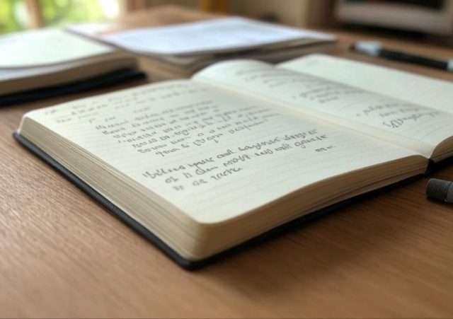Motivational success quotes from famous leaders on a notebook with a pen, inspiring personal growth and achievement