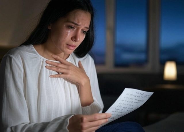 Tearful woman holding her heart while reading sad love quotes at night - representing heartbreak and emotional pain