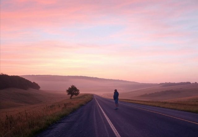 A serene sunrise over an open road, symbolizing new beginnings and the power of letting go for a fresh start