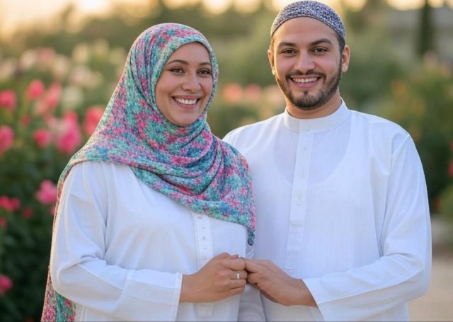A Muslim couple smiling and holding hands in a peaceful outdoor setting, symbolizing love, unity, and a successful Islamic marriage