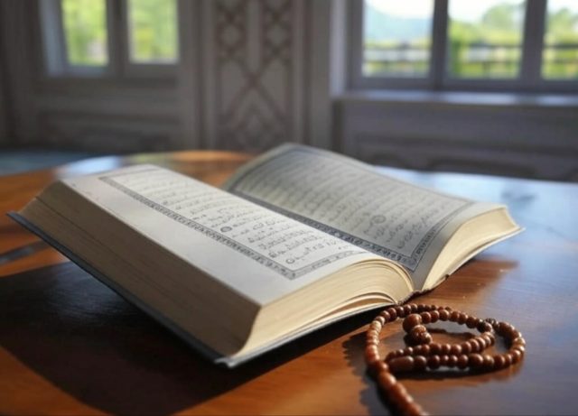 A serene Islamic setting with an open Quran, prayer beads, and soft lighting, symbolizing the power of daily duas in a peaceful spiritual atmosphere
