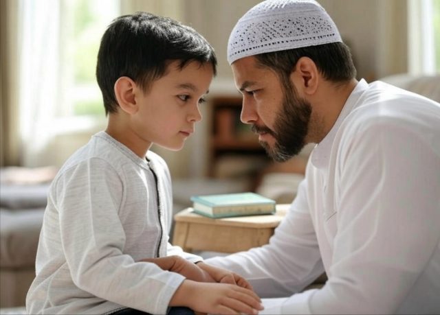 Islamic parenting tips from Sunnah – father teaching son about salah (prayer) with patience and kindness