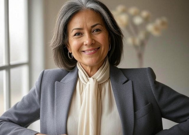 A confident, stylish older woman in a chic outfit, smiling warmly or looking directly at the camera with a knowing expression.