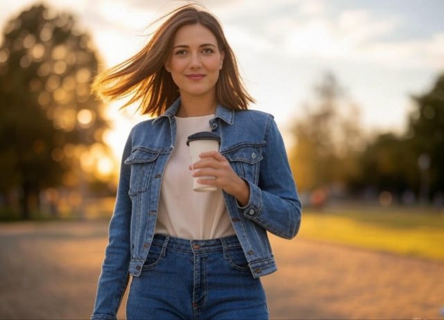 A confident mom walks outdoors on a blurred city sidewalk, wearing a complete denim look