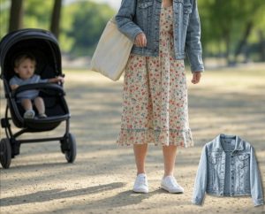 A mom wearing a light-wash denim jacket over a floral midi dress, standing in a park.