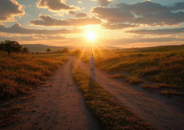 A radiant sunrise over a path with golden light breaking through clouds, symbolizing God's blessings and breakthrough after a season of waiting