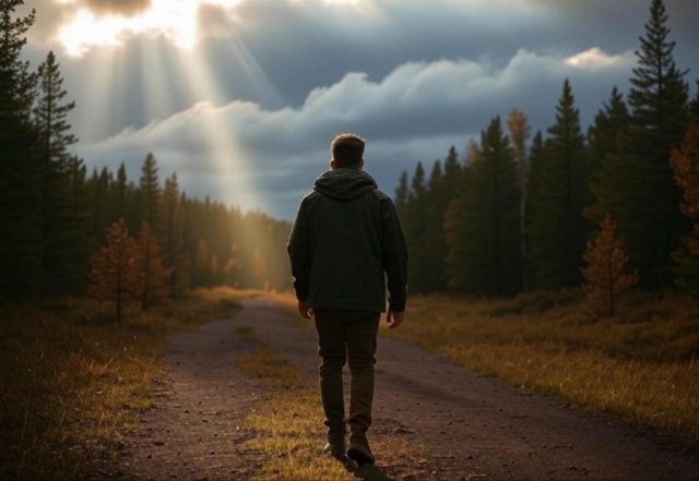 A person walking away on a path with light breaking through stormy clouds, symbolizing God removing toxic relationships to make way for new blessings