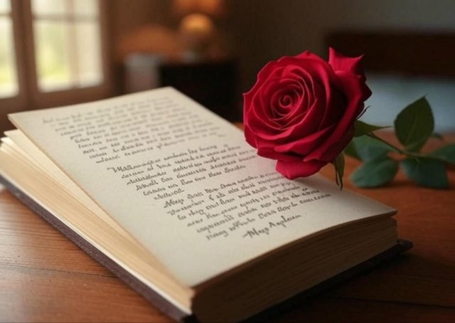 Vintage book with a red rose and handwritten Mother’s Day quotes from famous authors like Maya Angelou and Jane Austen