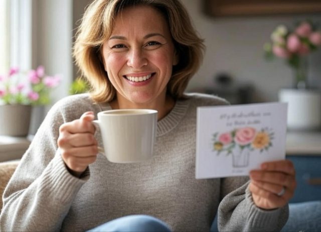 Funny Mother’s Day Quotes - Mom laughing at a hilarious card with coffee in hand