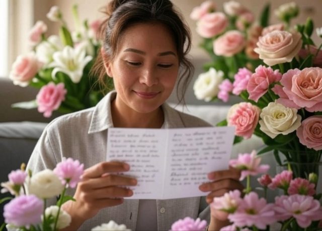Heartfelt Mother’s Day messages with flowers and a handwritten card