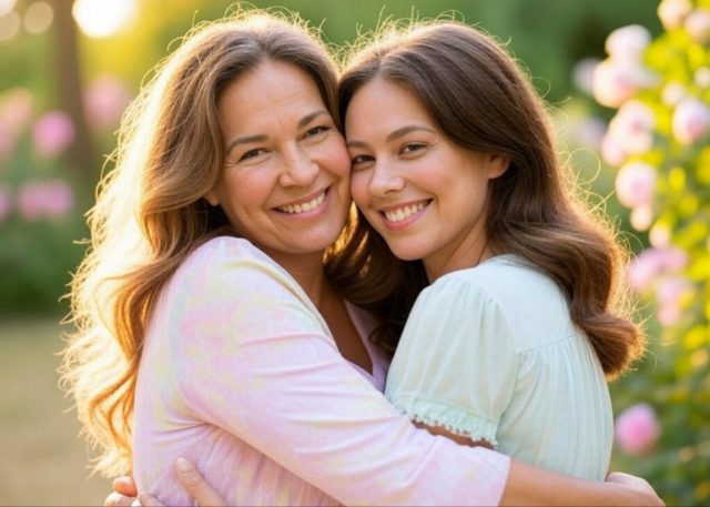 Mother and daughter embracing with warm smiles—perfect for sending emotional Mother’s Day messages