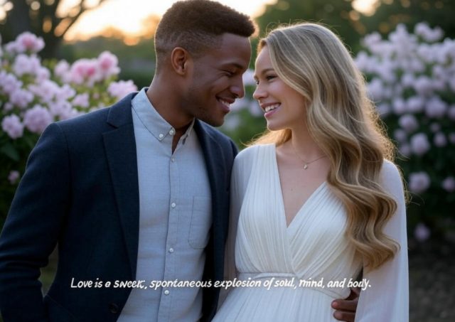 A happy couple smiling and embracing, with heartwarming love quotes for him displayed in elegant text. Perfect for expressing deep romantic feelings