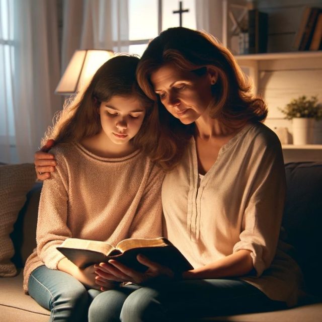 A single mom holding her child close with an open Bible, surrounded by warm light, representing God's love and promises for single mothers.