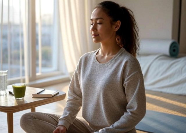 A serene morning routine setup featuring a woman meditating by a window, a journal and pen, a green smoothie bowl, fresh lemon water, and yoga mat—embracing the 'That Girl' aesthetic for a productive and healthy day.