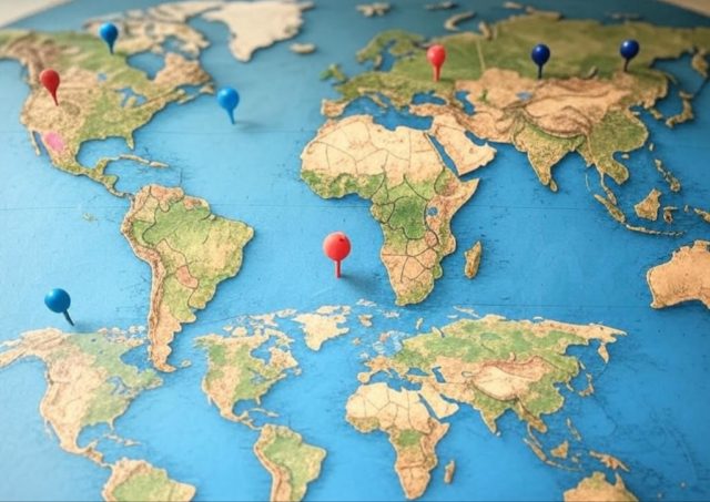 World map with 12 pin markers showing birth month cities like Barcelona for September and Jeju Island for November
