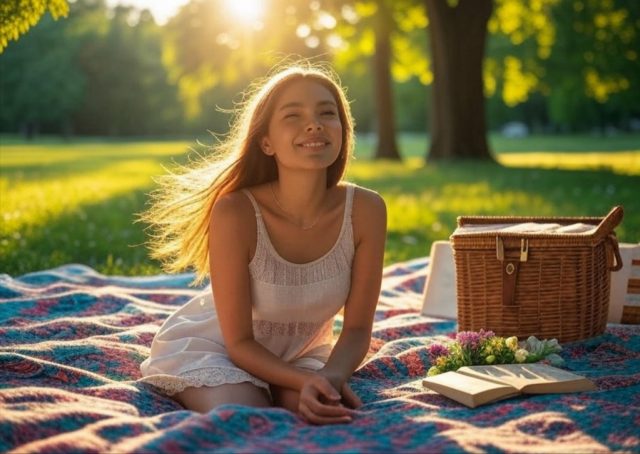 A person enjoying a solo picnic in a lush park, with a colorful blanket spread out, a basket of food, and a book, surrounded by greenery and sunlight, capturing the essence of a relaxing solo date in 2025