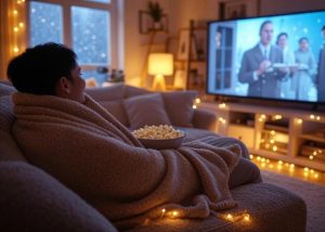 Cozy solo movie marathon setup with popcorn, blanket, and fairy lights in a living room, perfect for a 2025 solo date
