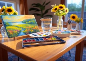 Solo paint-and-sip setup with canvas, paints, and sparkling water for a creative 2025 solo date at home.
