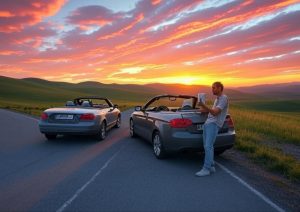 Solo traveler on a road trip with a convertible car and sunset backdrop, perfect for a 2025 adventurous solo date.