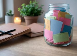 Gratitude jar filled with colorful notes on a cozy desk, perfect for a reflective 2025 solo date.